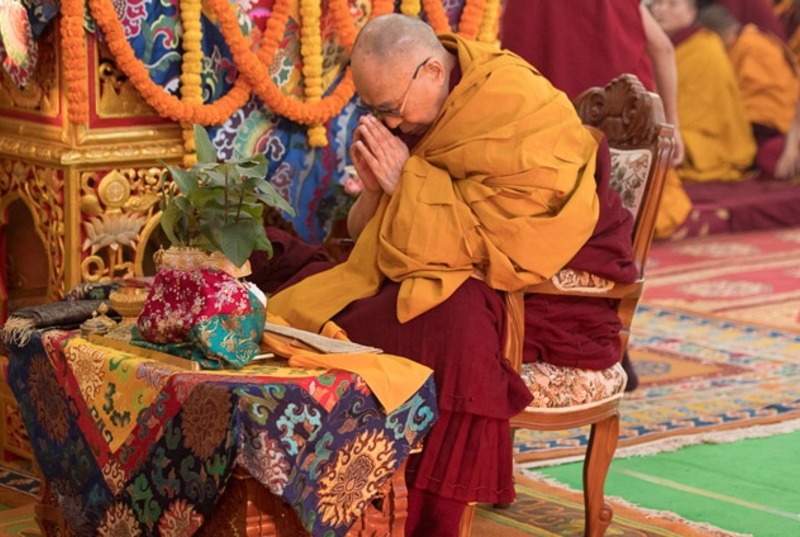 His Holiness the Dalai Lama performing preliminary procedures to prepare himself to grant an Avalokiteshvara empowerment on the second day of his teachings in Bodhgaya, India on January 15, 2018. Photo: OHHDL