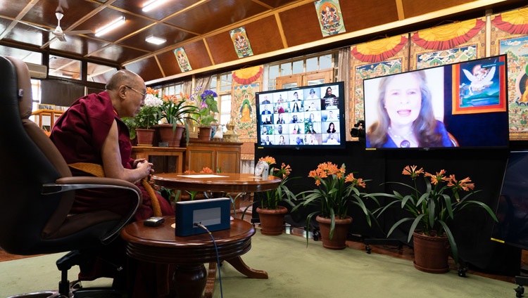 His Holiness the Dalai Lama talks with Sofia Stril-Rever from his residence in Dharamsala on April 12, 2021. Photo: Ven Tenzin Jamphel 