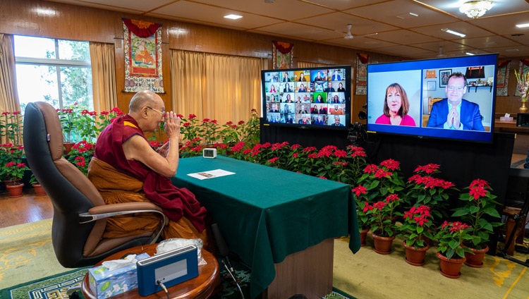 His Holiness the Dalai Lama with Susan Bauer-Wu, President of Mind and Life Institution and moderator John Dunne, on December 8, 2021. Photo: Ven Tenzin Jamphel 