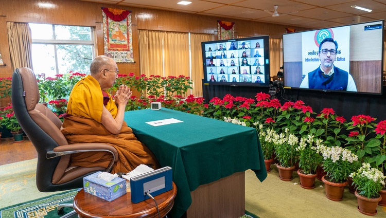 His Holiness the Dalai Lama with Prof Dheeraj Sharma, Director of the Indian Institute of Management, Rohtak, on December 23,2021. Photo: Tenzin Jamphel