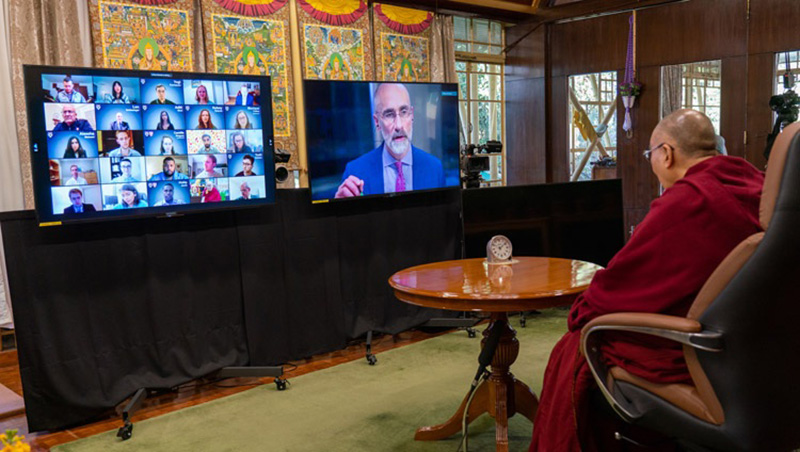 His Holiness the Dalai Lama in conversation with Arthur Brooks on Leadership and Happiness from his residence in Dharamsala, HP, India on January 17, 2021. Photo: Ven Tenzin Jamphel