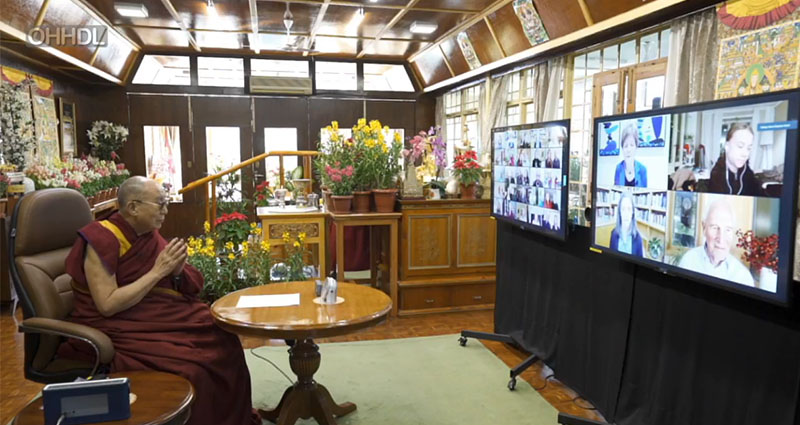 His Holiness the 14th Dalai Lama at a virtual conference with environmental activist Greta Thunberg, and two leading scientists, William Moomaw and Susan Natali on January 10, 2021.
