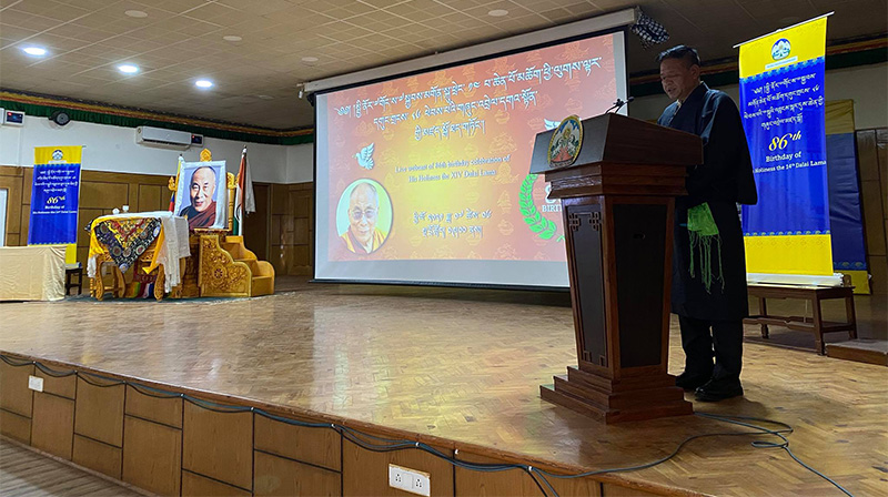  President Penpa Tsering delivering the official statement of the Kashag on the 86th birthday of His Holiness the Dalai Lama. photo: TPI