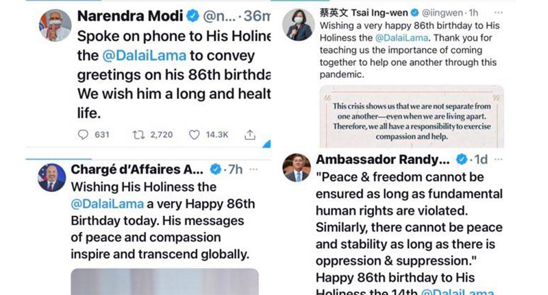 World leaders tweet their best wishes to His Holiness the Dalai Lama on his 86th birthday