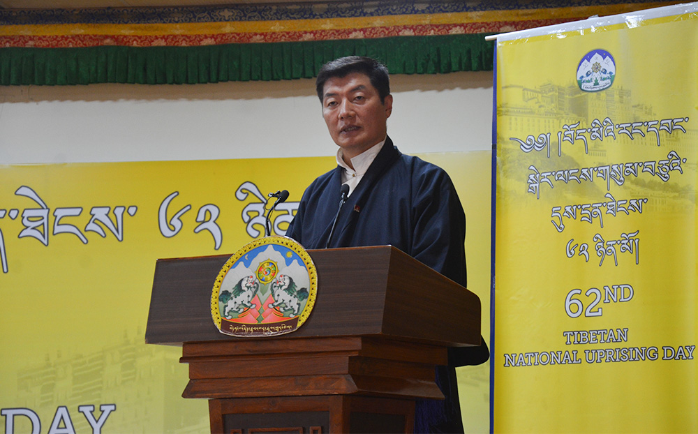 President Dr Lobsang Sangay addressing on the occasion of the 62nd anniversary of Tibetan Uprising Day, at CTA headquarters in Dharamshala, India, on March 10, 2021. Photo: TPI/Yangchen Dolma