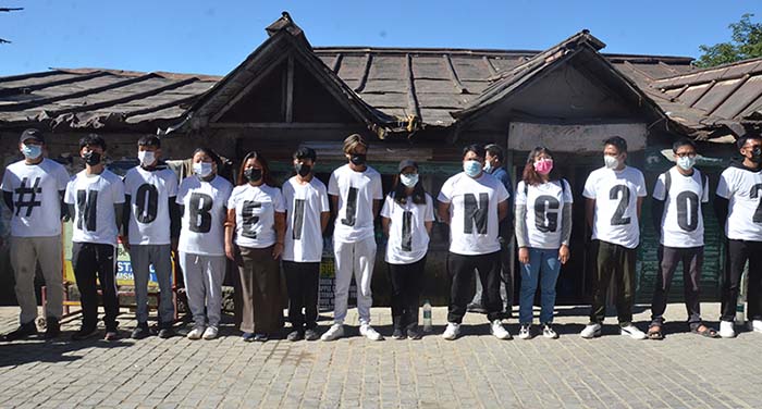 Tibetan activists and supporters protest wearing shirts with the words "#NOBEIJING2022" on October 19, 2021, at Mcleod Ganj in Dharamshala, India. Photo: TPI