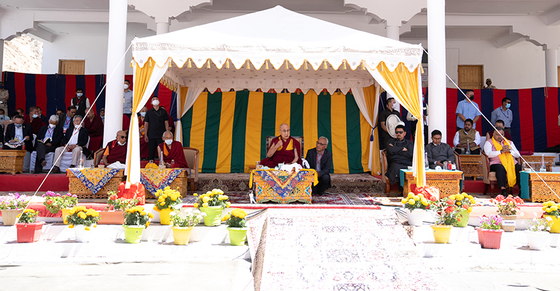 His Holiness the Dalai Lama addressing the audience at Sindhu Ghat in Leh, Ladakh, UT, India on August 23, 2022. Photo: OHHD/Tenzin Choejor