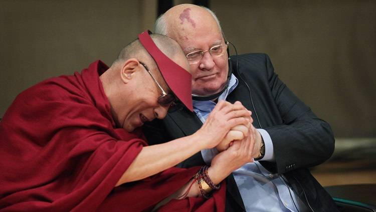 His Holiness the Dalai Lama and former President of the Soviet Union and Nobel Peace Laureate Mikhail Gorbachev participate in a panel discussion during the 12th World Summit of Nobel Peace Laureates in Chicago, Illinois, USA on April 25, 2012. Photo: file