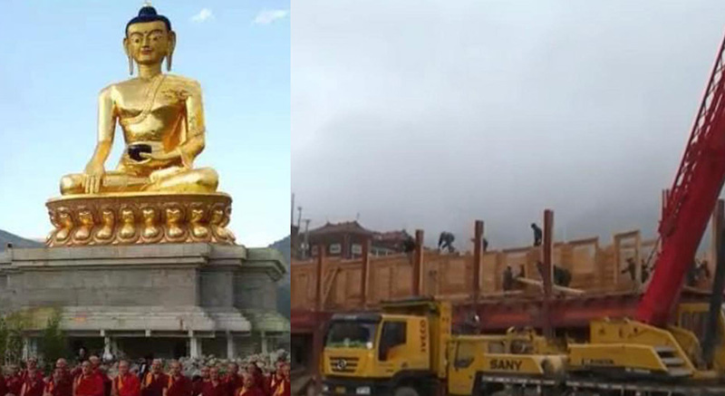 The 99-foot high Buddha statue and the Chinese authorities destroying it. Photo: TPI