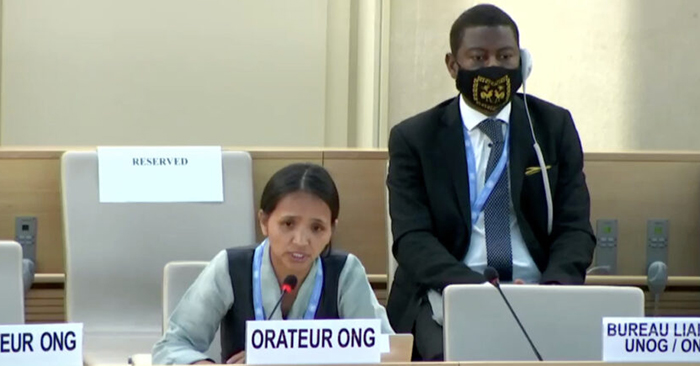 Kalden Tsomo, UN advocacy Officer of the Tibet Bureau delivering the statement at 50th session of UN Human Rights Council on June 24, 2022. Photo: file