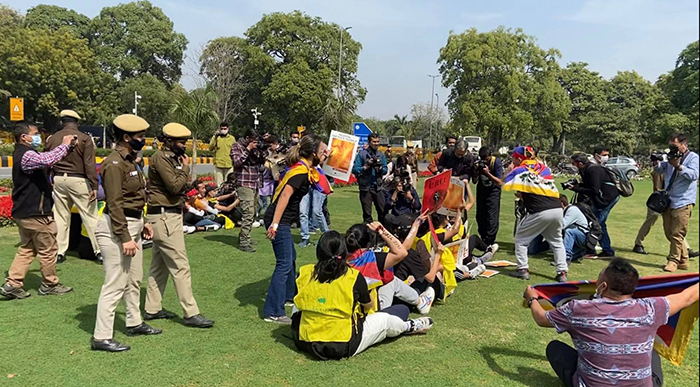 More than 70 Tibetan youths protest in front of the Chinese Embassy in Delhi, on the occasion of the 63rd Tibetan Uprising Day, March 10, 2022. Photo: TYC