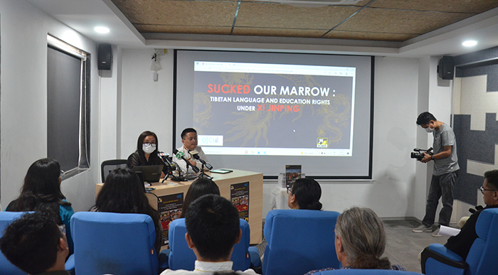 The report "Sucked Our Marrow: Tibetan Language and Education Rights under Xi Jinping", launched at the Tibet Museum in Dharamshala on May 11, 2022. Photo: TPI 