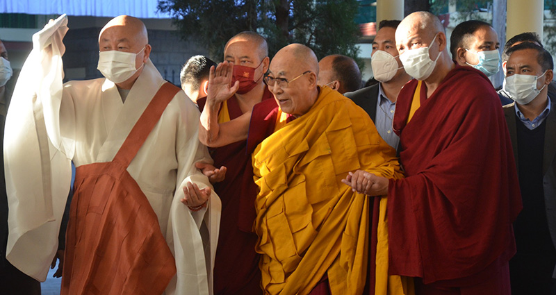 His Holiness the Dalai Lama with Ven Abbot Jungwook Kim at Tibetan Temple, in Dharamsala, H.P, India, on November 25, 2022. Photo: TPI/ Yangchen Dolma
