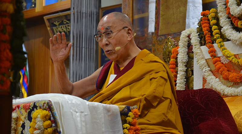 His Holiness the Dalai Lama addressing the Tibetans in the Tibetan temple in Dharamshala, October 26, 2022. Photo: TPI/ Yangchen Dolma
