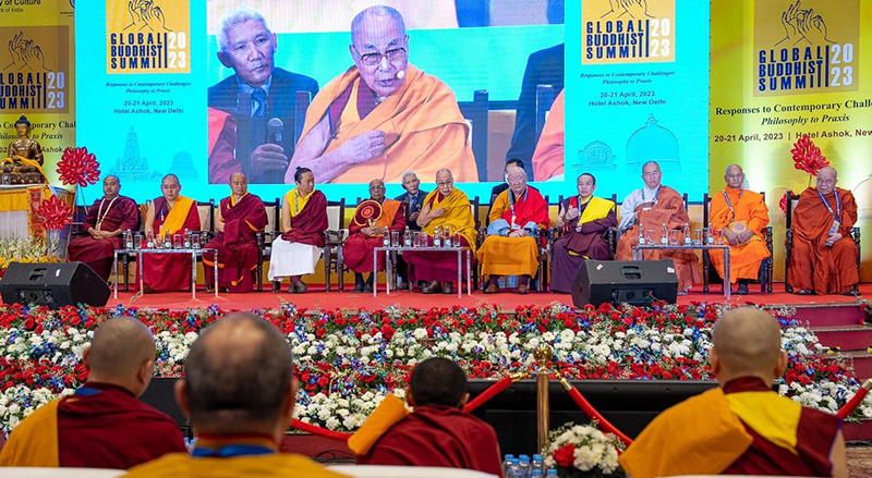 His Holiness the Dalai Lama addressing the congregation at the Global Buddhist Summit 2023 at the Ashok Hotel in New Delhi, India on April 21, 2023. Photo: OHHDL/Tenzin Choejor