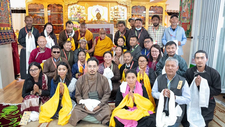 His Holiness the Dalai Lama posing for group photo with core members of the SEE Learning team in Ladakh after their meeting at his residence at Shewatsel, Leh, Ladakh, India on August 10, 2023. Photo: OHHDL/Tenzin Choejor