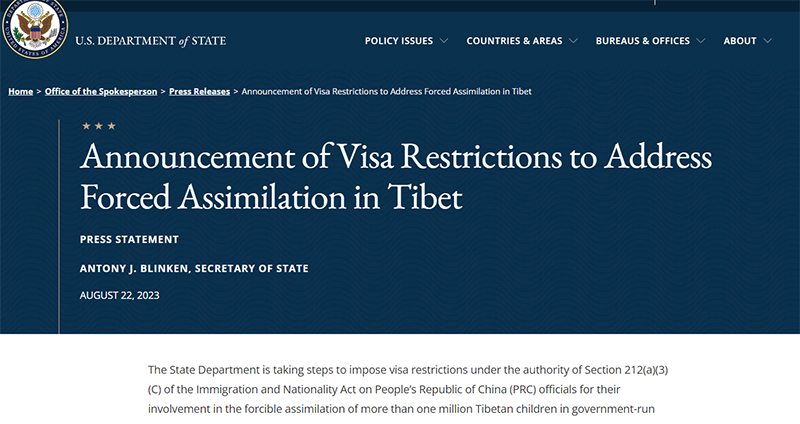 US State Department statement on the imposition of visa restrictions on officials of the People's Republic of China (PRC) for their involvement in the forced assimilation of more than one million Tibetan children into government-run boarding schools.