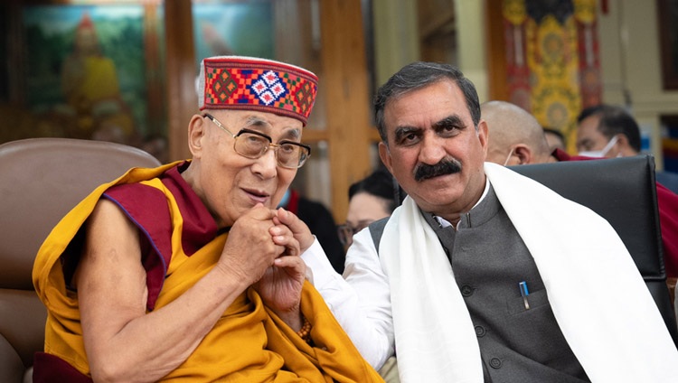 His Holiness the Dalai Lama and Himachal Pradesh Chief Minister Sukhvinder Singh Sukhu in Dharamsala, HP, India on July 6, 2023. Photo: OHHDL/Tenzin Choejor