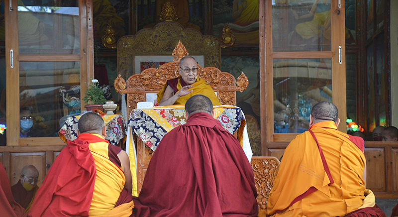 His Holiness the Dalai Lama giving teaching from Jataka Tales to audiences in Dharamshala, on March 7, 2023. Photo: TPI