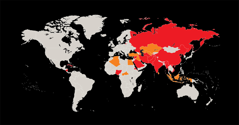 Red on the map indicates countries of particular concern for religious freedom in 2022.