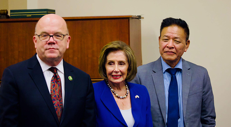 Representative Jim McGovern, Nancy Pelosi, Speaker Emeritus of the House of Representatives and Sikyong Penpa Tsering of CTA. Photo: CTA