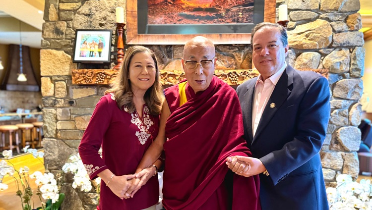 His Holiness the Dalai Lama with Carol and Sam Nappi, owners of Nappi Farmhouse in Upstate New York, on August 20, 2024. (Photo: Ven Tenzin Jamphel)