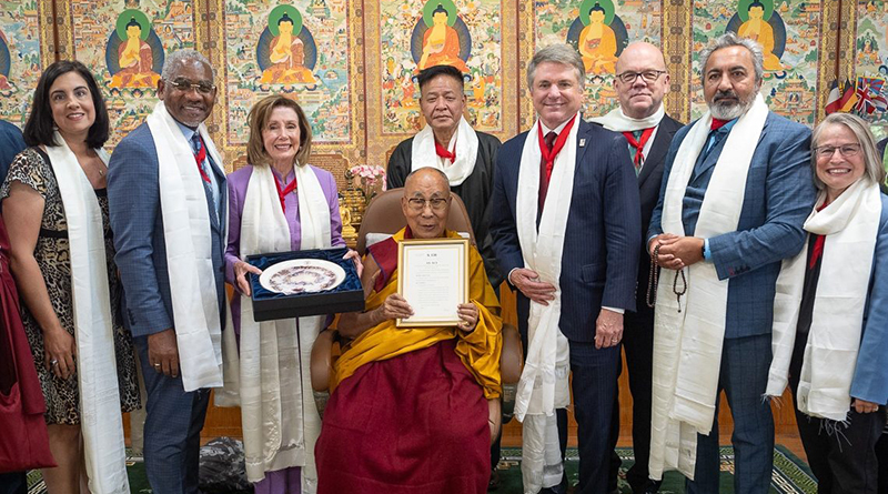 Members of the US Congressional Delegation, Rep Nicole Malliotakis (R-NY), Rep Gregory W Meeks (D-NY), Speaker Emerita Nancy Pelosi (D-CA), His Holiness the Dalai Lama, CTA Sikyong Penpa Tsering, Rep Michael McCaul (R-TX), Rep Jim McGovern (D-MA), Rep Ami Bera (D-CA), and Rep Mariannette Miller-Meeks (R-IA) together for a group photo at the conclusion of their meeting at His Holiness's residence in Dharamsala, HP, India on June 19, 2024. (Photo: OHHDL/Tenzin Choejor)
