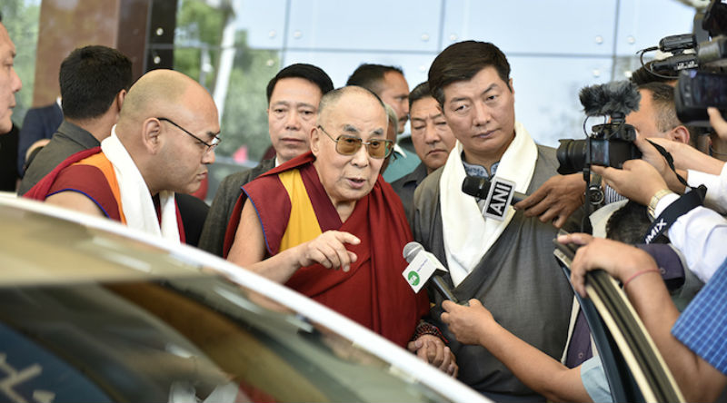 His Holiness the Dalai Lama speaking to members of the media on his arrival at Gaggal Airport in Dharamshala, India, April 25, 2018. Photo/Tenzin Jigme/DIIR