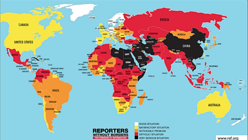 Reporters Without Borders’ World Press Freedom Index map for 2018, shows media in an unchanged and a serious situation in China. Photo: RSF