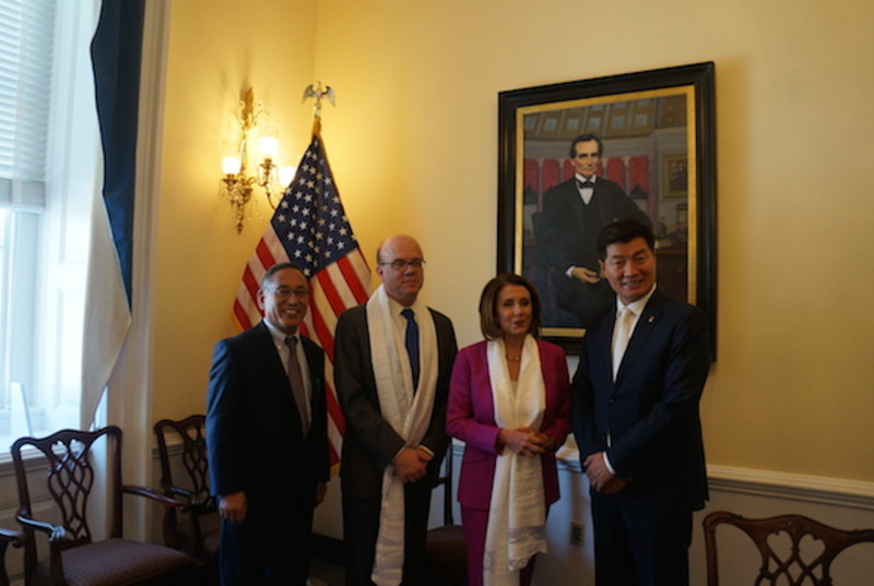 President Dr Lobsang Sangay and Representative Ngodup Tsering with Leader Nancy Pelosi and Representative Jim McGovern in Washington DC on April 12, 2018. Photo: CTA