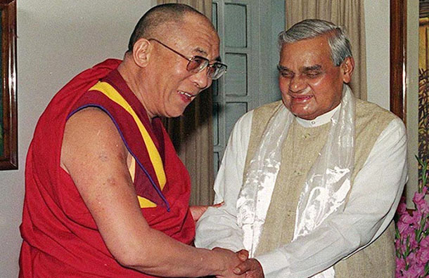 The former Prime Minister Shri Atal Bihari Vajpayee receiving His Holiness the Dalai Lama who called on him in New Delhi on July 3, 2001. Photo: File
