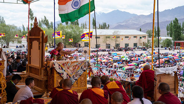 His Holiness the Dalai Lama speaking at ibetan Children’s Village School Choglamsar in Leh, Ladakh, J&K, India on August 1, 2018. Photo by Tenzin Choejor