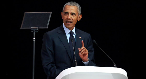 Former President Obama speaking in Johannesburg, SA, at an event honoring Nelson Mandela, July 17, 2018. Photo: Reuters