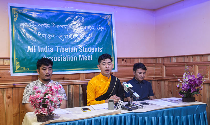 AITSAM organising committee Chairman President  Lharong, Vice President Rinchen Wangyal, Audit Rangdrol holding a press conference at the Hotel Tibet in Dharamshala, India, on July 18, 2018. Photo: TPI/Tenzin Choewang