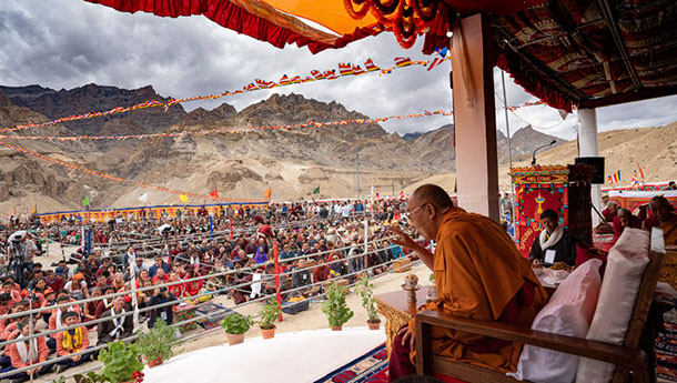 His Holiness the Dalai Lama speaking to students, staff, and members of the public at Spring Dales Public School in Mulbekh, Ladakh, J&K, India on July 26, 2018. Photo by Tenzin Choejor
