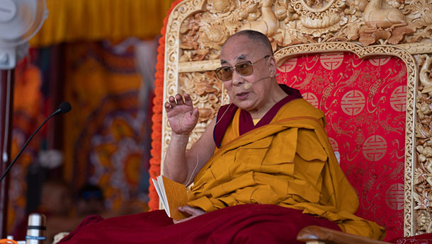 His Holiness the Dalai Lama addressing the crowd during his teaching in Diskit, Nubra Valley, J&K, India on July 13, 2018. Photo by Tenzin Choejor