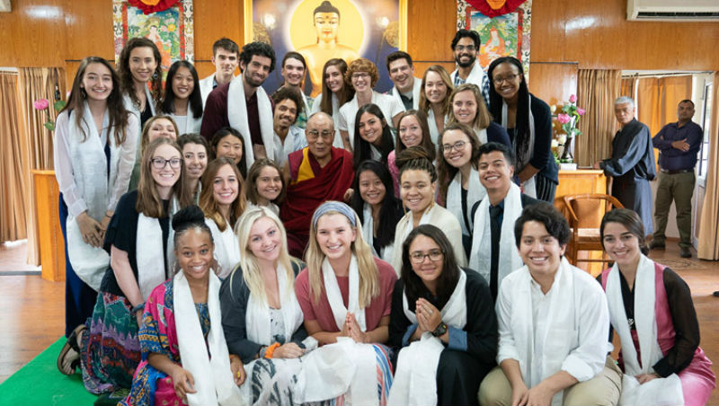 His Holiness the Dalai Lama posing for one of several group photos at the conclusion of his meeting with students and teachers at his residence in Dharamsala, HP, India on June 1, 2018. Photo by Tenzin Choejor