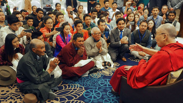 His Holiness the Dalai Lama meeting with people from Ladakh and Zanskar at his hotel in Jammu, J&K, India on March 18, 2018. Photo by Jeremy Russell
