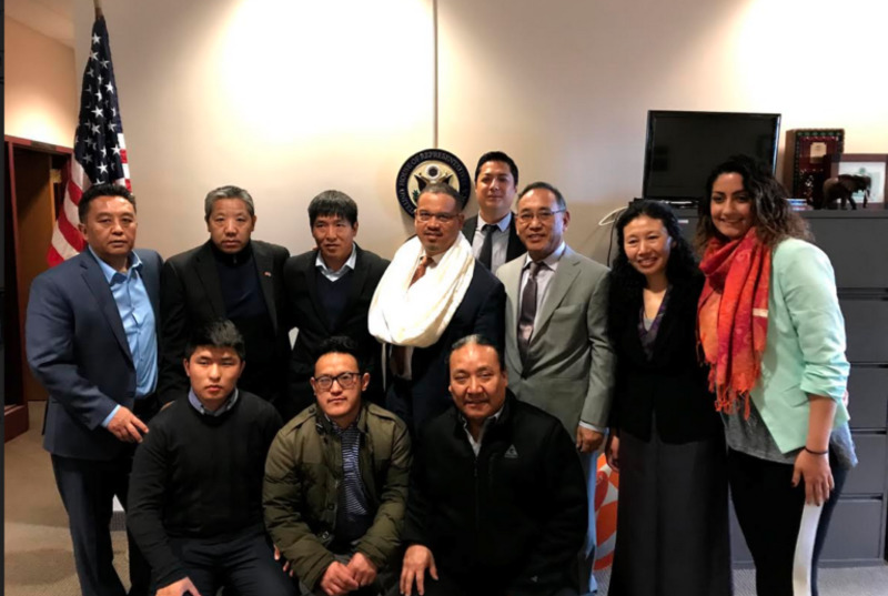 photo caption: Former political prisoner Dhondup Wangchen and OOT representative Ngodup Tsering meet US congressman Keith Ellison on March 23, 2018. Photo: OOT