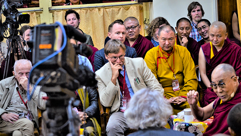 His Holiness the Dalai Lama during the first day of the Dialogue between Russian and Buddhist Scholars in Dharamsala, India on May 3, 2018. Photo: TPI/Yeshe Choesang