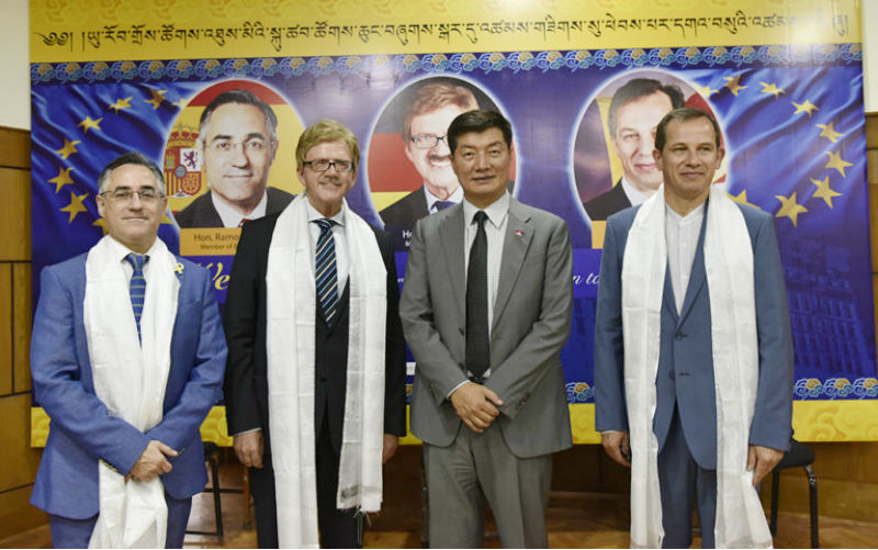 President Dr Lobsang Sangay with MEP Thomas Mann, MEP Csaba Sogor and MEP Ramon Tremosa at the felicitation ceremony at Gangchen Kyishong, 7 May 2018. Photo/Tenzin Phende/DIIR