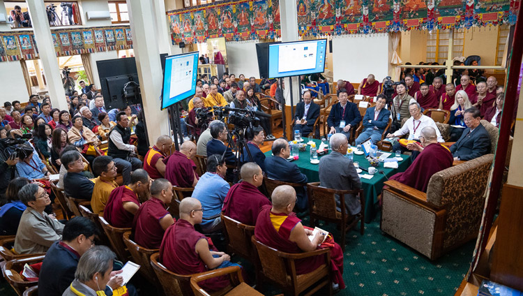 His Holiness delivers his opening remarks on the first day of the dialogue with Chinese scientists about quantum effects in Dharamsala, HP, India on November 1, 2018. Photo by Ven Tenzin Jamphel