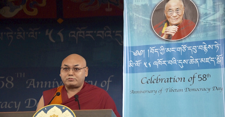 To celebrate 58th Tibetan Democracy Day, Speaker Sonam Tenphel addressing the crowd gathered at the main Temple in Dharamshala, India, on September 2, 2018. Photo: TPI/Yangchen Dolma