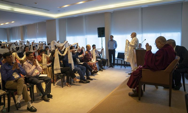 His Holiness the Dalai Lama and participants in Secular Ethics Workshops From SAARC countries, delivering his concluding remarks at the conclusion of their meeting in New Delhi, India on April 4, 2019. Photo: Tenzin Choejor