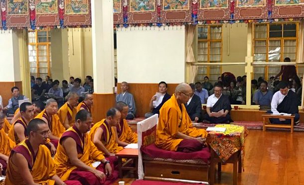 President Dr Lobsang Sangay, Kalons or Ministers and parliamentarians, Secretaries and monks during the prayer service held at the Tibetan temple in Dharamshala, India, on August 8, 2-019. Photo: DIIR/CTA