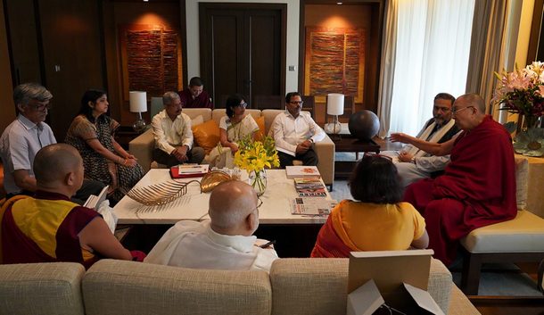 His Holiness discussing the new Dalai Lama Chair for Nalanda Studies at Goa University with at his hotel in Goa, India on December 11, 2019. Photo by Lobsang TseringHis Holiness discussing the new Dalai Lama Chair for Nalanda Studies at Goa University with at his hotel in Goa, India on December 11, 2019. Photo by Lobsang TseringHis Holiness discussing the new Dalai Lama Chair for Nalanda Studies at Goa University with at his hotel in Goa, India on December 11, 2019. Photo by Lobsang Tsering