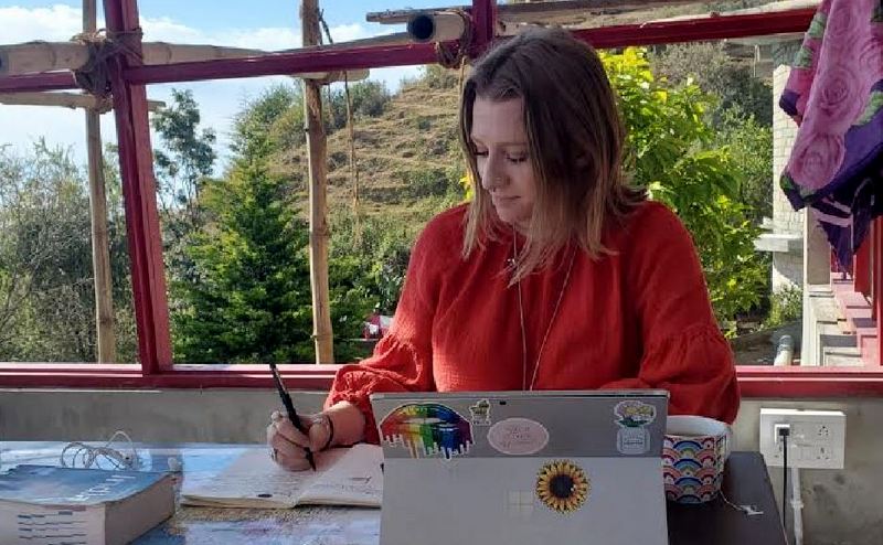 Emilee, from Denver, Colorado, U.S., at Center for Living Buddhist Art in Dharamshala, India, on December 17, 2019. Photo: TPI/Courtnie