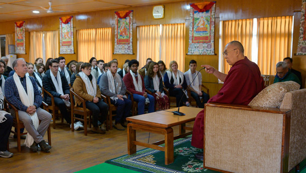 His Holiness the Dalai Lama speaking to a group of gap year students based in Israel during their meeting at his residence in Dharamsala, HP, India on January 28, 2019. Photo: Tenzin Choejor