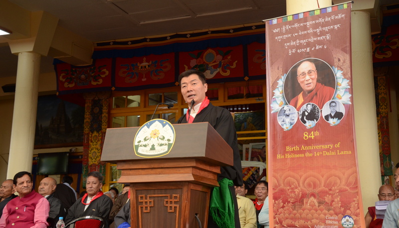 The Tibetan President Dr Lobsang Sangay presents his Cabinet’s (Kashag) statement on the 84th Birthday of His Holiness the Great 14th Dalai Lama of Tibet at the main temple in Dharamshala, India, on July 6, 2019. Photo: TPI/Yangchen Dolma