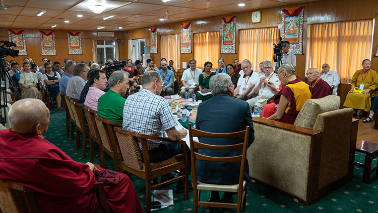 His Holiness the Dalai Lama speaking to educators participating in the conference on Human Education in the Third Millennium duing their meeting at his residence in Dharamsala, HP, India on July 8, 2019. Photo by Tenzin Choejor